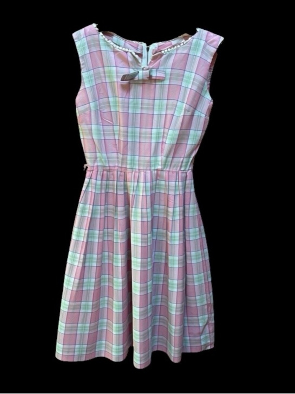 1950s 100% Cotton Plaid Midi Dress w/Back Metal Zip‎ & Neckline Small Bow Detail